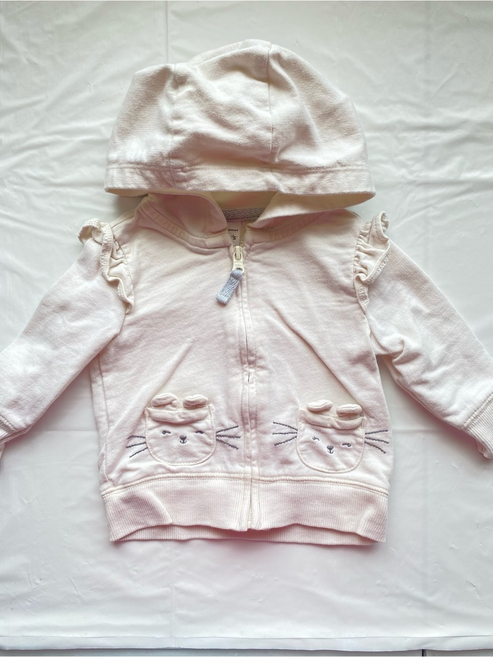 Carter's Baby Girl Ruffle Zip Up Hoodie Sweater Cat Pockets Cream 3M